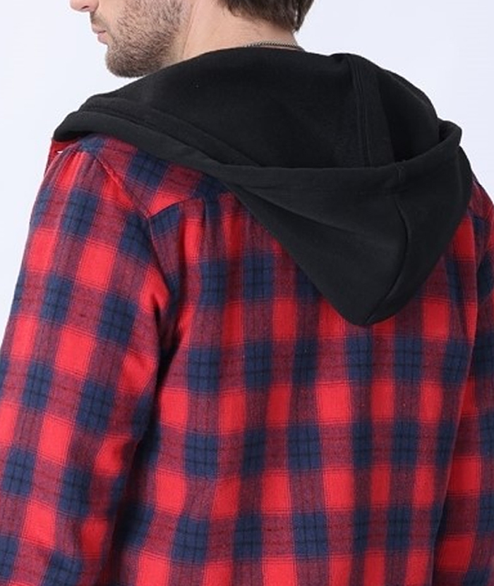 Men's Hooded Button Up Flannel Plaid Shirt-DUMLT05800
