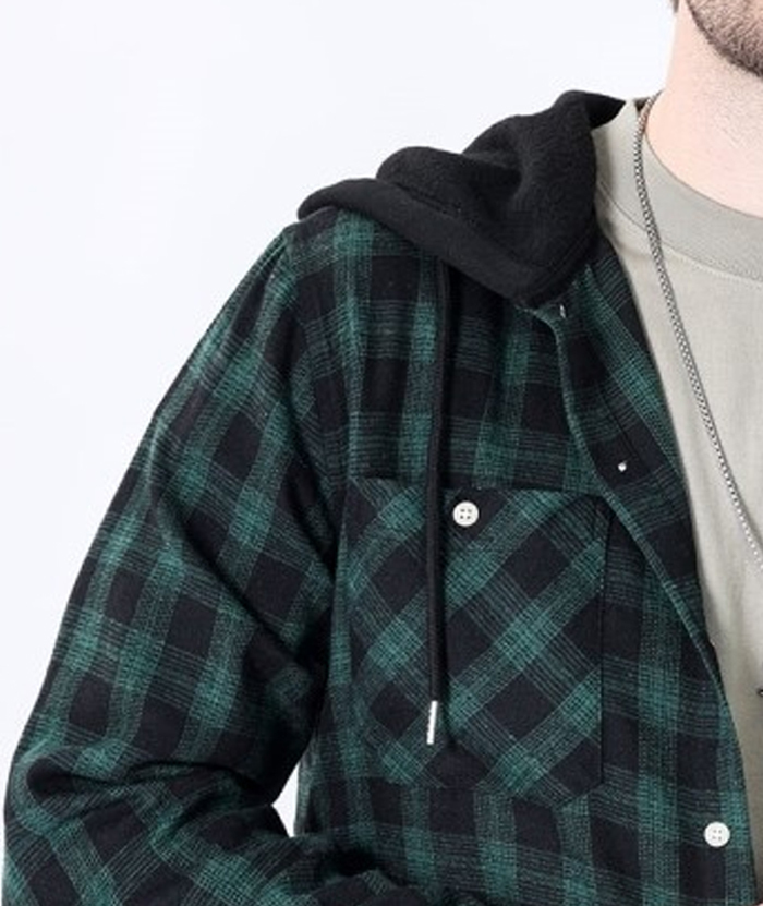 Men's Hooded Button Up Flannel Plaid Shirt-DUMLT05800