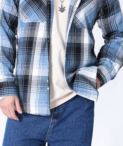 Men's Hooded Button Up Flannel Plaid Shirt-DUMLT05800