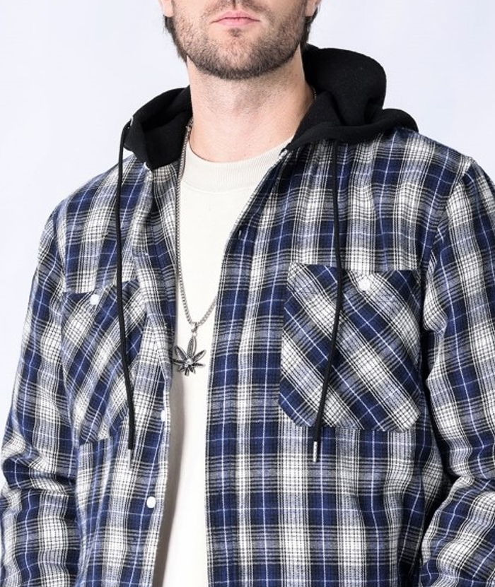 Men's Hooded Button Up Flannel Plaid Shirt-DUMLT05800