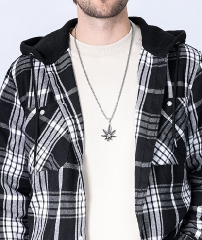 Men's Hooded Button Up Flannel Plaid Shirt-DUMLT05800