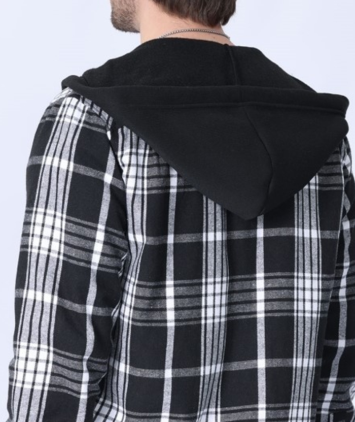 Men's Hooded Button Up Flannel Plaid Shirt-DUMLT05800