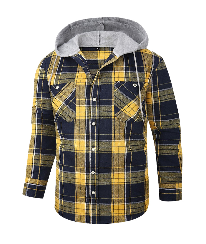 Men's Hooded Button Up Flannel Plaid Shirt-DUMLT05800
