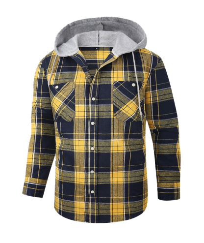 Men's Hooded Button Up Flannel Plaid Shirt-DUMLT05800
