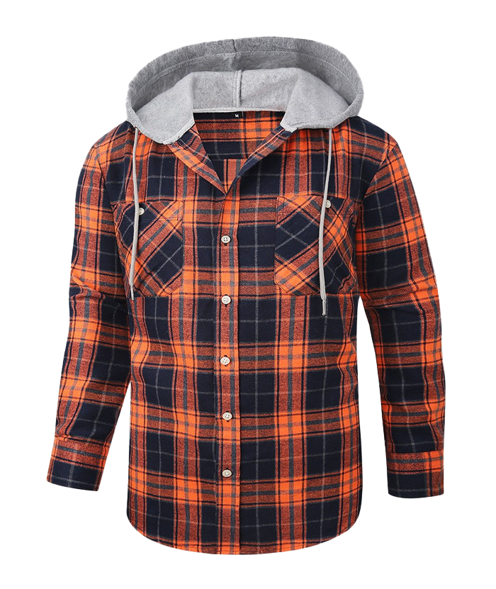 Men's Hooded Button Up Flannel Plaid Shirt-DUMLT05800