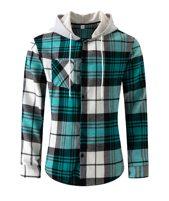 Men's Flannel Drawstring Hooded Plaid Shirt-DUMLT05801