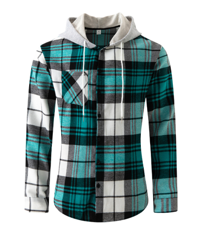 Men's Flannel Drawstring Hooded Plaid Shirt-DUMLT05801