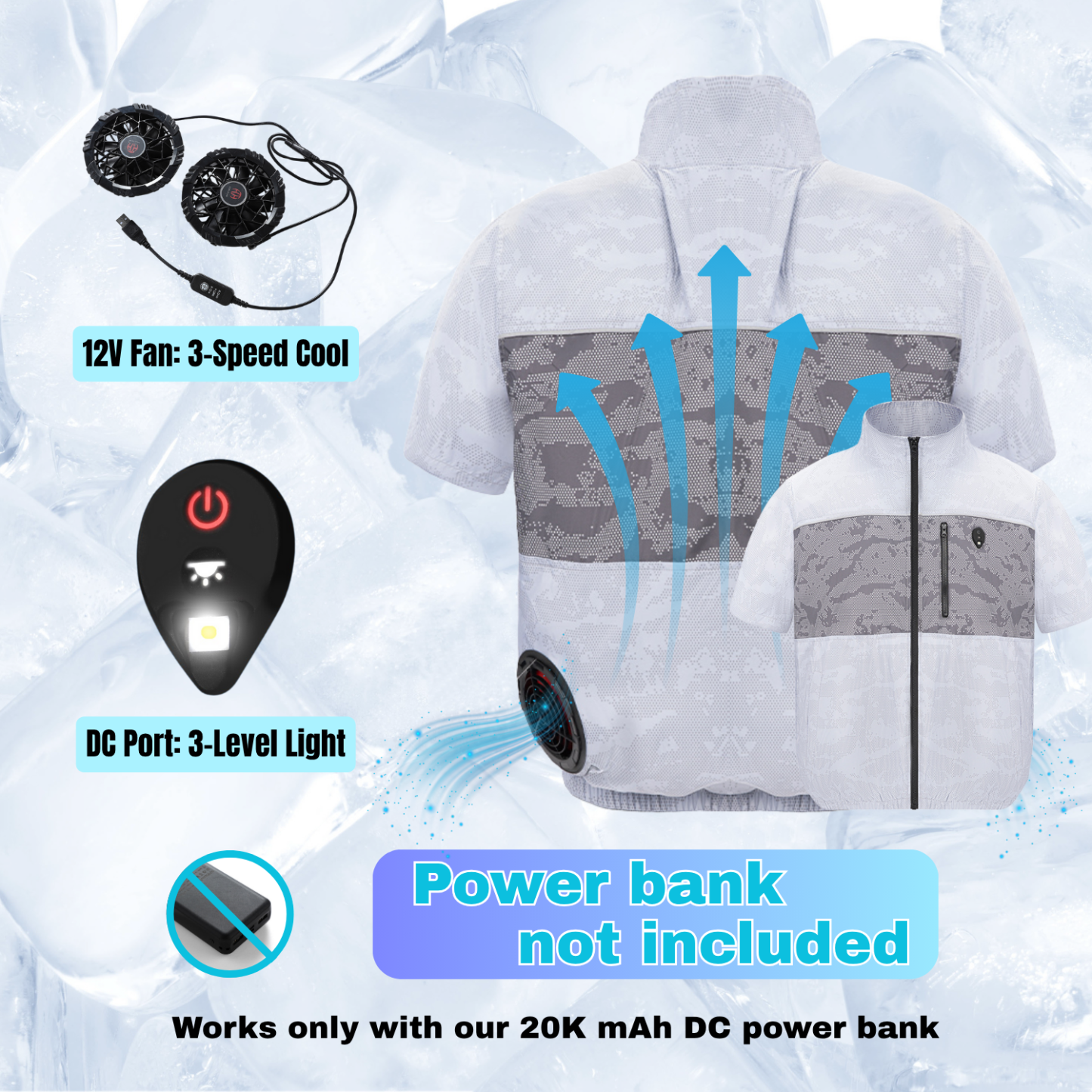 ZITY Unisex 3-Speed Fan Cooling Jacket with LED Light, 12V DC Power Port-M908