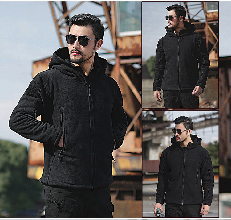 Black Men's Solid Microfleece Tactical Hoodie Jacket