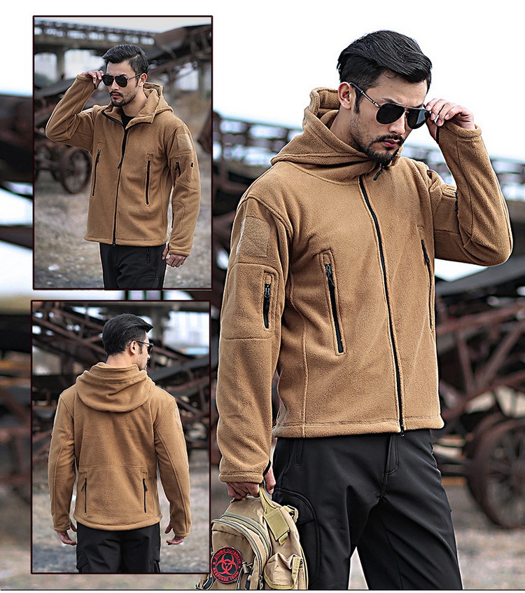 Khaki Men's Solid Microfleece Tactical Hoodie Jacket