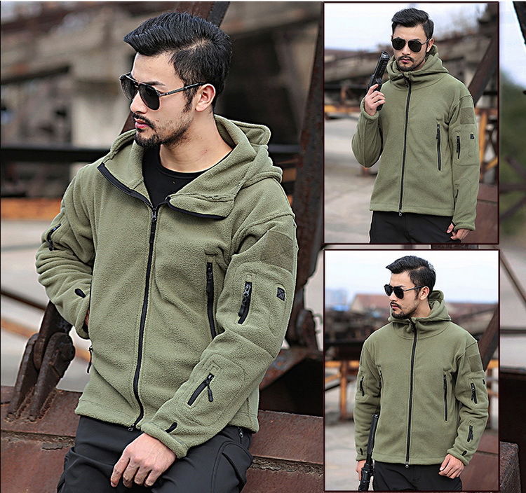 Green Men's Solid Microfleece Tactical Hoodie Jacket