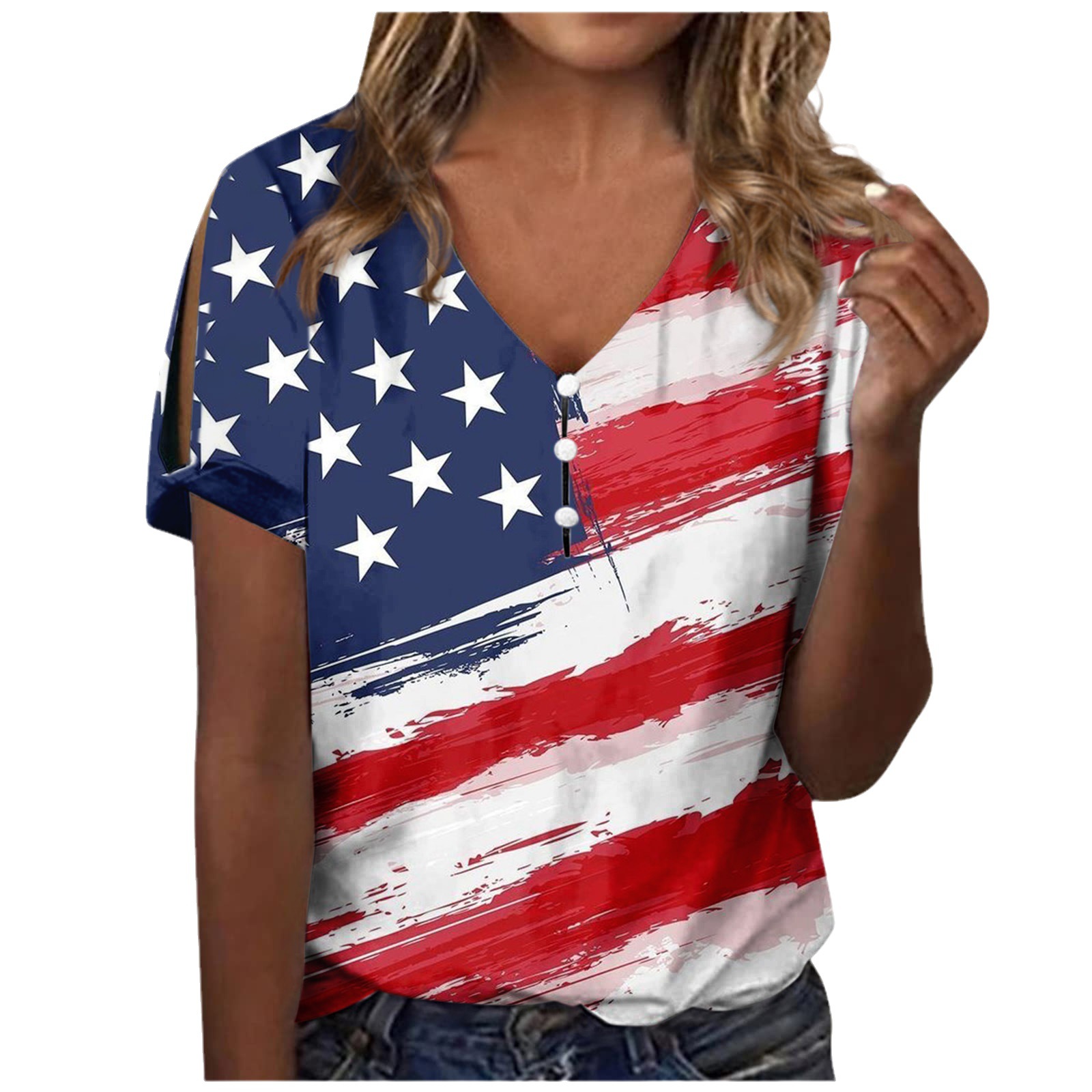 ZITY Women's V Neck Digital Print American Flag T-Shirt