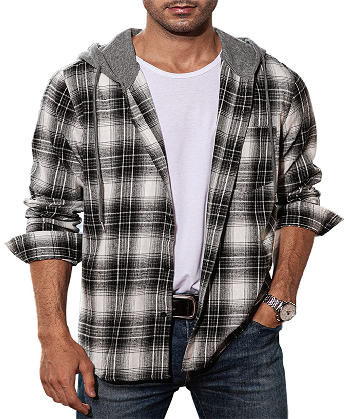 ZITY Men's Plaid Flannel Hoodie Shirt-DUMLT05332|Zitysports