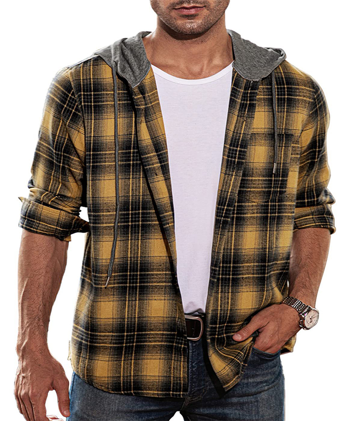 ZITY Men's Plaid Flannel Hoodie Shirt-DUMLT05332|Zitysports
