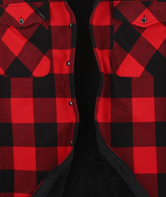 ZITY Men's Button Up Plaid Hoodie with Double Pocket-DUMLT05358