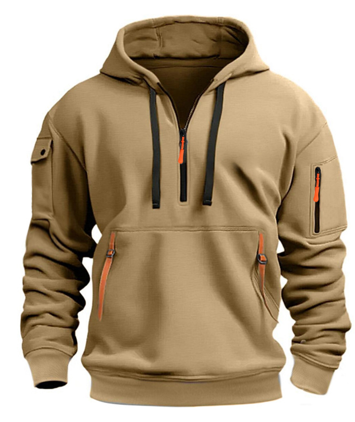 Men's Apricot Multi-Pocket Cargo Hoodie ZITY Men's S-5XL 1/4 Zipper Multi-Pocket Cargo Hoodie-DUMFH05439
