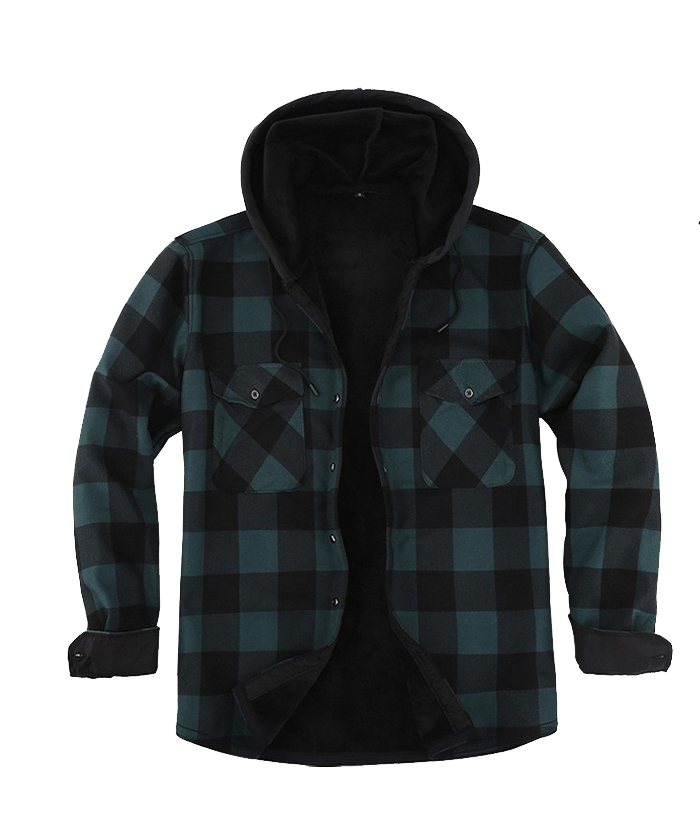 ZITY Men's Button Up Plaid Hoodie with Double Pocket-DUMLT05358