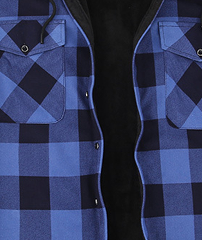 ZITY Men's Button Up Plaid Hoodie with Double Pocket-DUMLT05358
