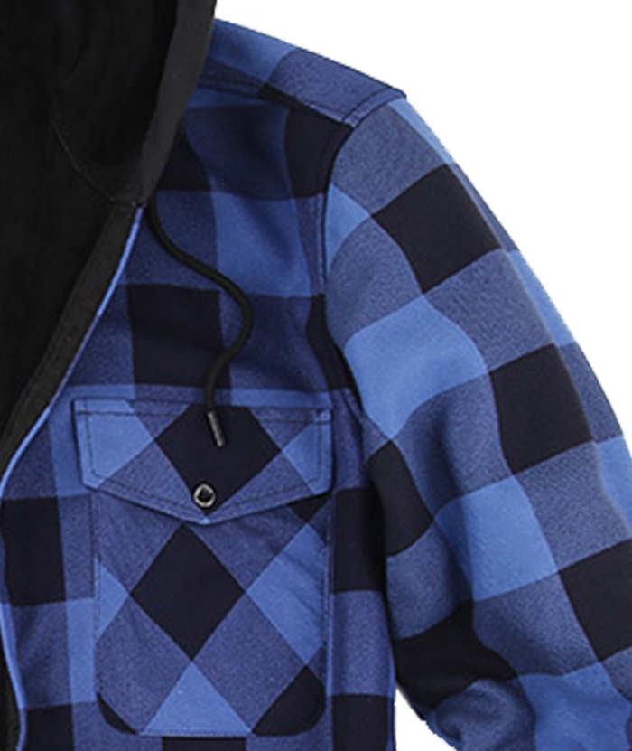 ZITY Men's Button Up Plaid Hoodie with Double Pocket-DUMLT05358