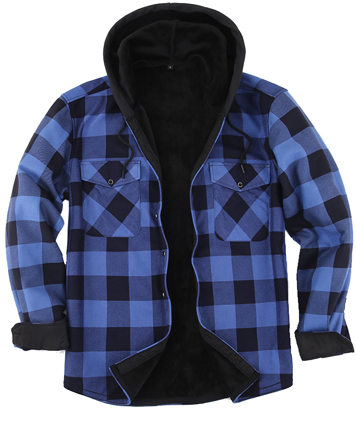 ZITY Men's Button Up Plaid Hoodie with Double Pocket-DUMLT05358