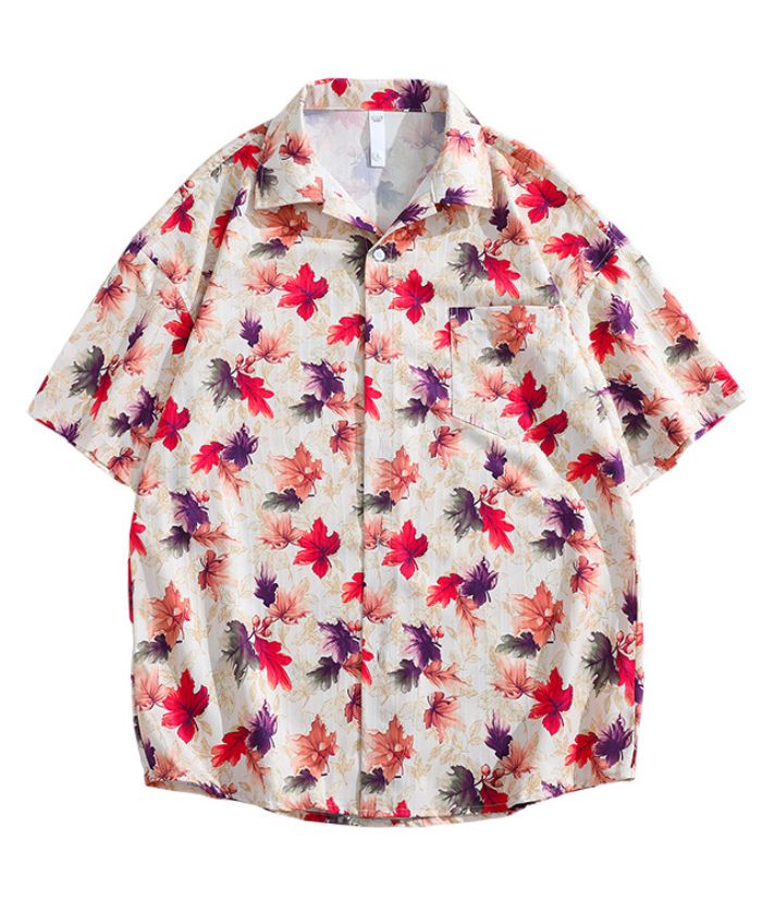 ZITY Men's Casual Short Sleeve Maple Leaf Print Hawaiian Style Shirt
