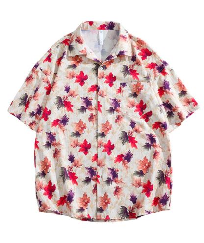 ZITY Men's Casual Short Sleeve Maple Leaf Print Hawaiian Style Shirt