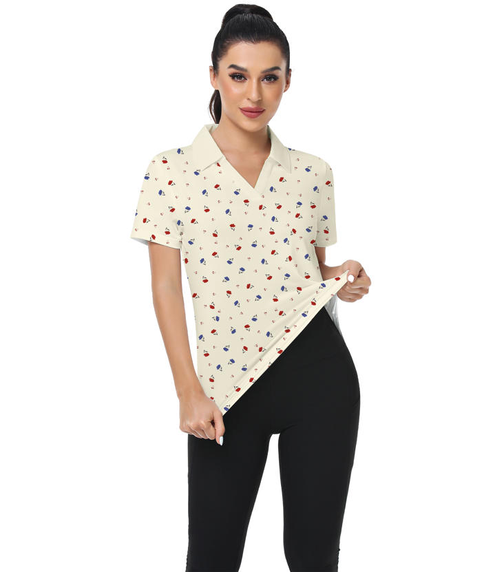 ZITY Women's Floral Printed Slim Fit V Neck Golf Polo Shirt-CUWPO01339