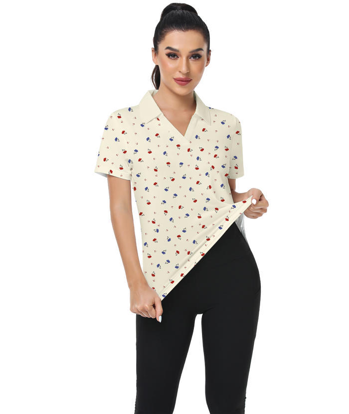 ZITY Women's Floral Printed Slim Fit V Neck Golf Polo Shirt-CUWPO01339