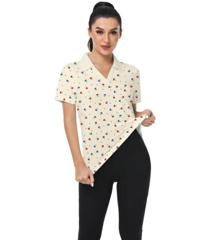 ZITY Women's Floral Printed Slim Fit V Neck Golf Polo Shirt-CUWPO01339