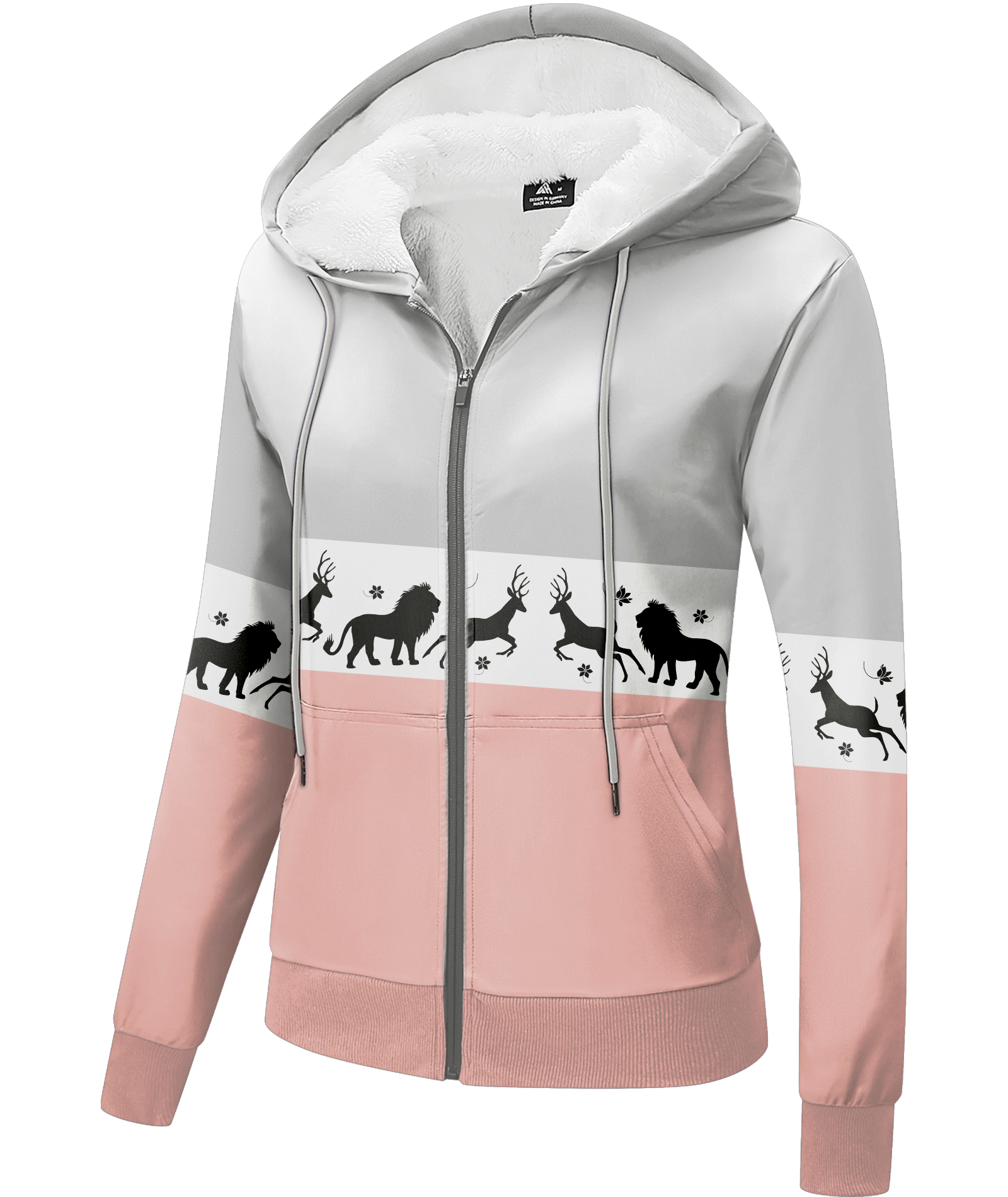 ZITY Women's Color Block Deer Print Zip Up Fleece Hoodie-CUWFH01529