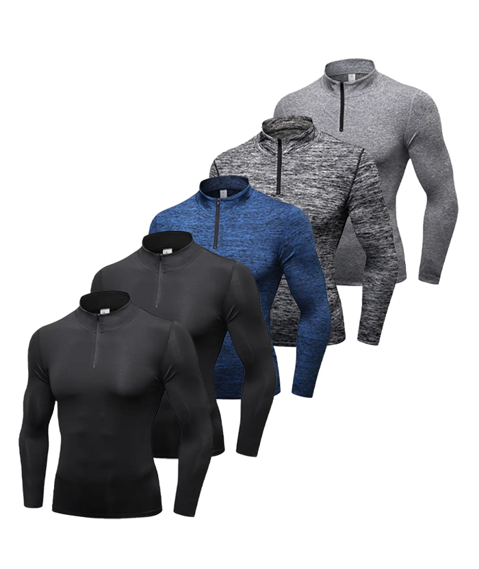 5 Pack Men's Stand Collar Athletic Dri Fit Compression Long Sleeve Shirt-DZUHE00189