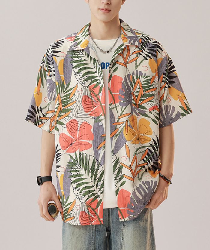 ZITY Men's  Casual Button Down Floral and Leaf Printed Shirt-DUMST06207
