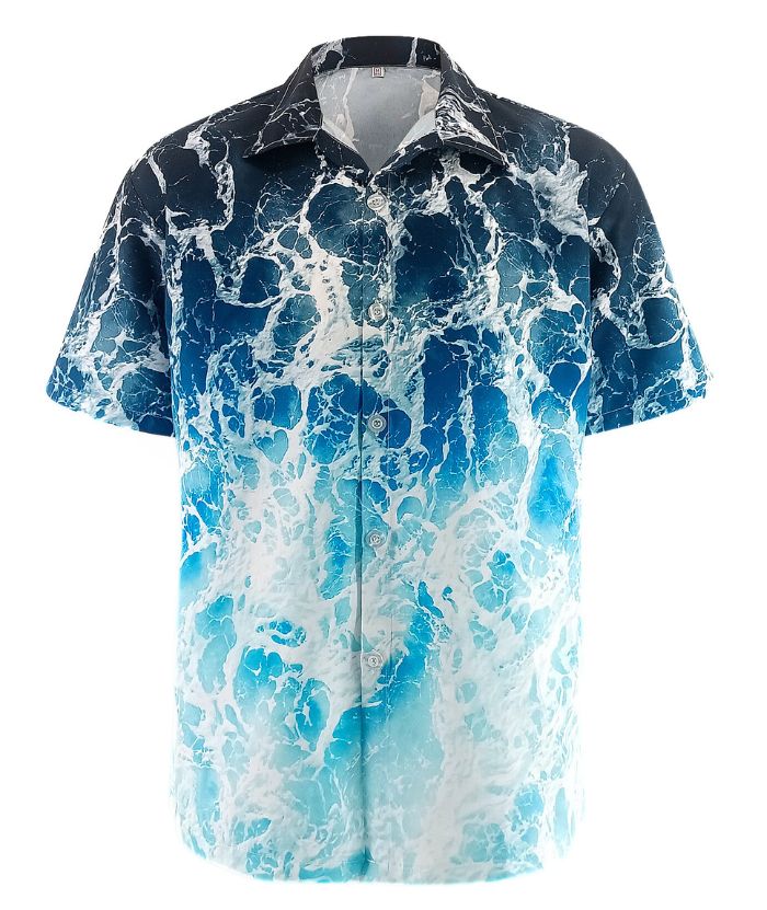 ZITY Men's Ocean Wave Print Short Sleeve Hawaiian Shirt