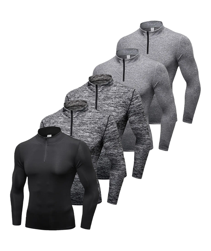 5 Pack Men's Stand Collar Athletic Dri Fit Compression Long Sleeve Shirt-DZUHE00189