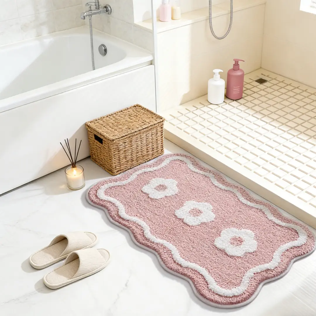Pink Floral Bathroom Flocked Rug