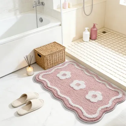 Pink Floral Bathroom Flocked Rug