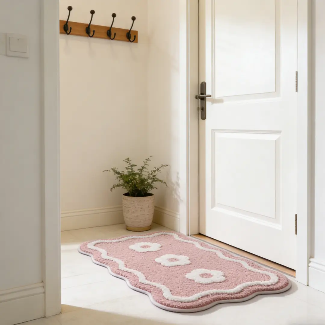 Pink Floral Bathroom Flocked Rug