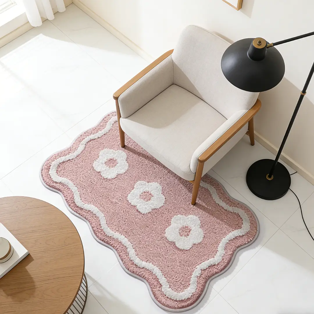 Pink Floral Bathroom Flocked Rug