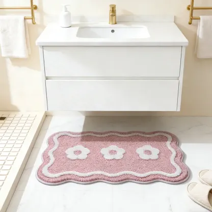 Pink Floral Bathroom Flocked Rug