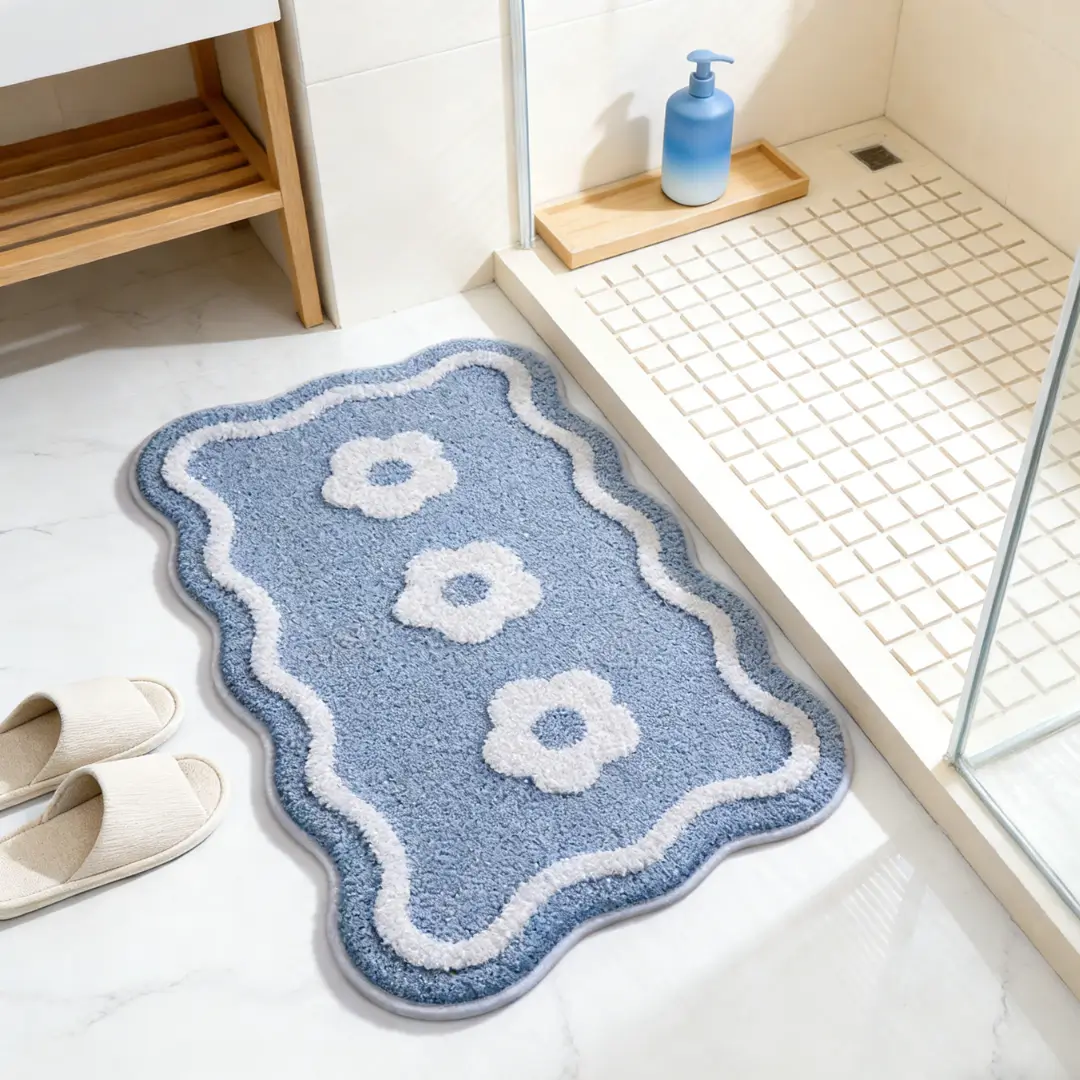 Pink Floral Bathroom Flocked Rug