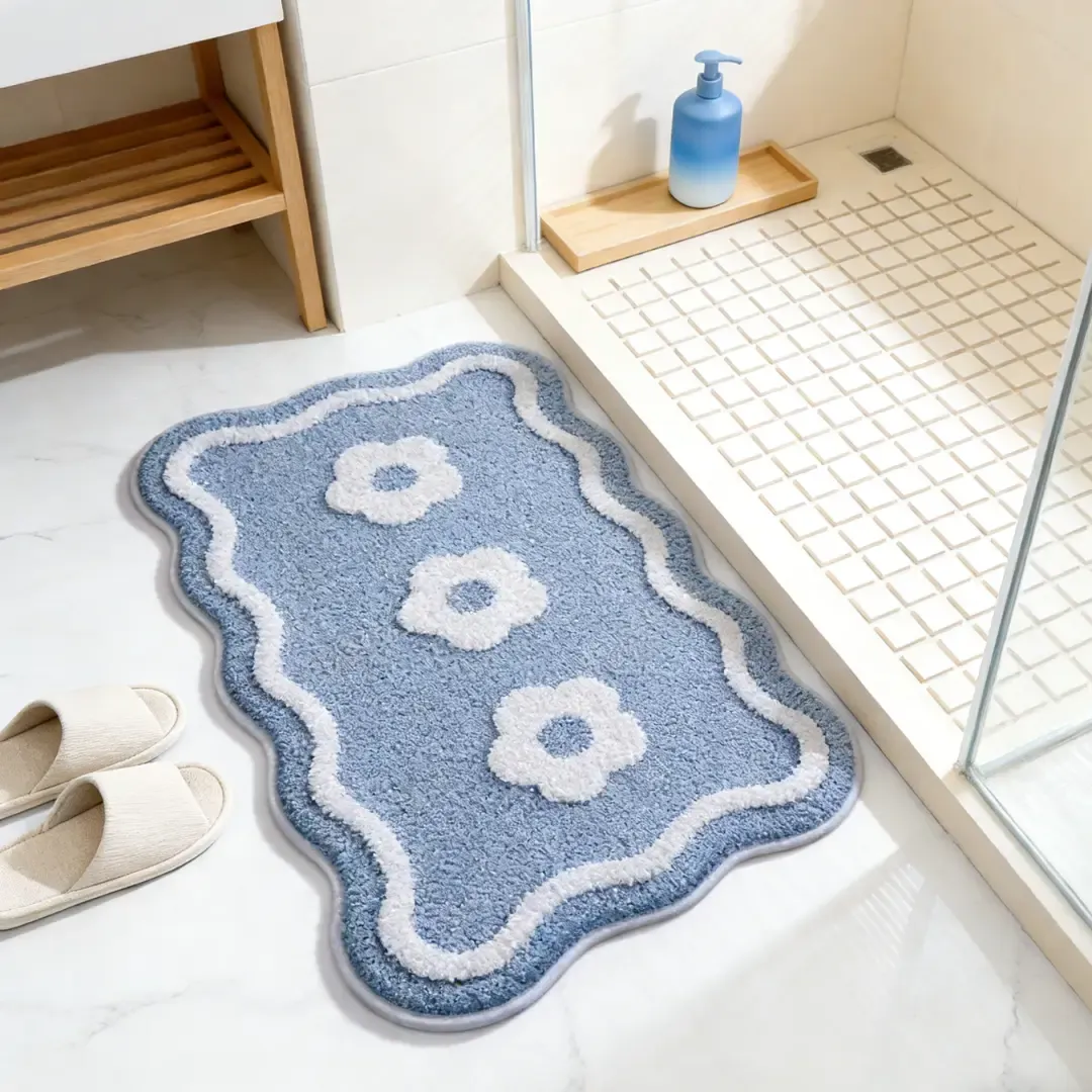 Pink Floral Bathroom Flocked Rug