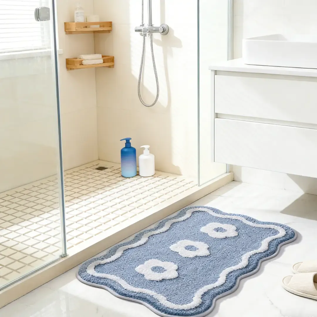 Pink Floral Bathroom Flocked Rug