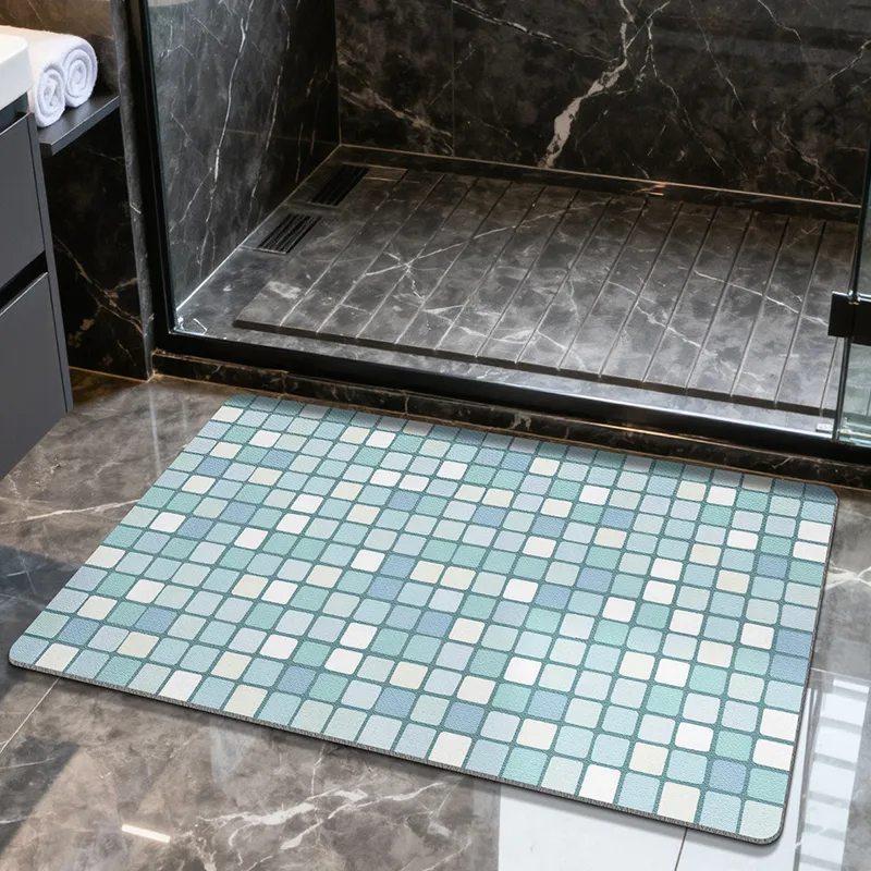 Aqua Blue Grid Diatomaceous Earth Bath Mat