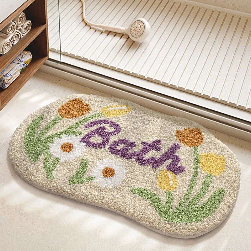 Floral Bath Word Flocked Rug