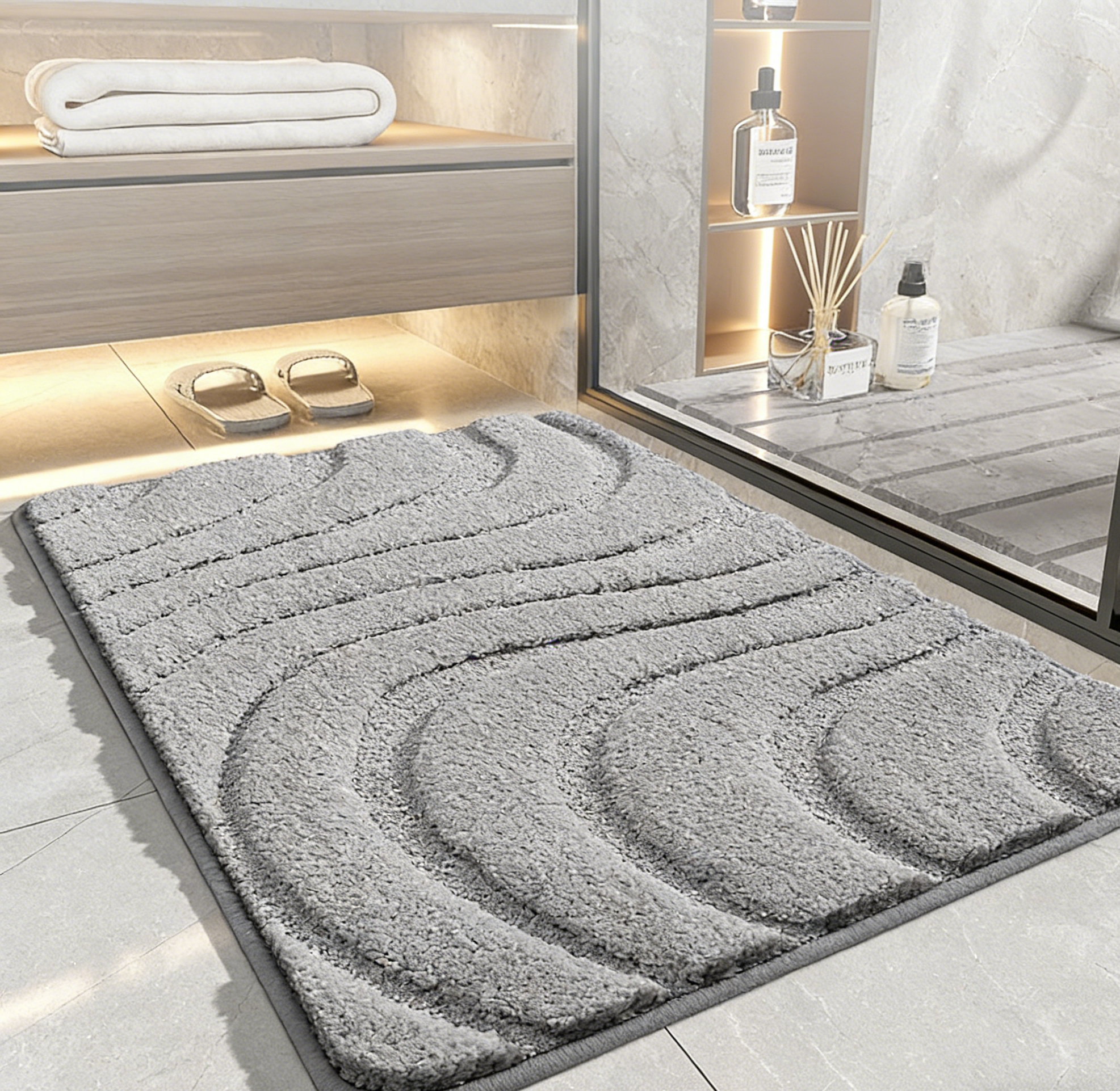 Wave Pattern Absorbent Bathroom Flocked Rug