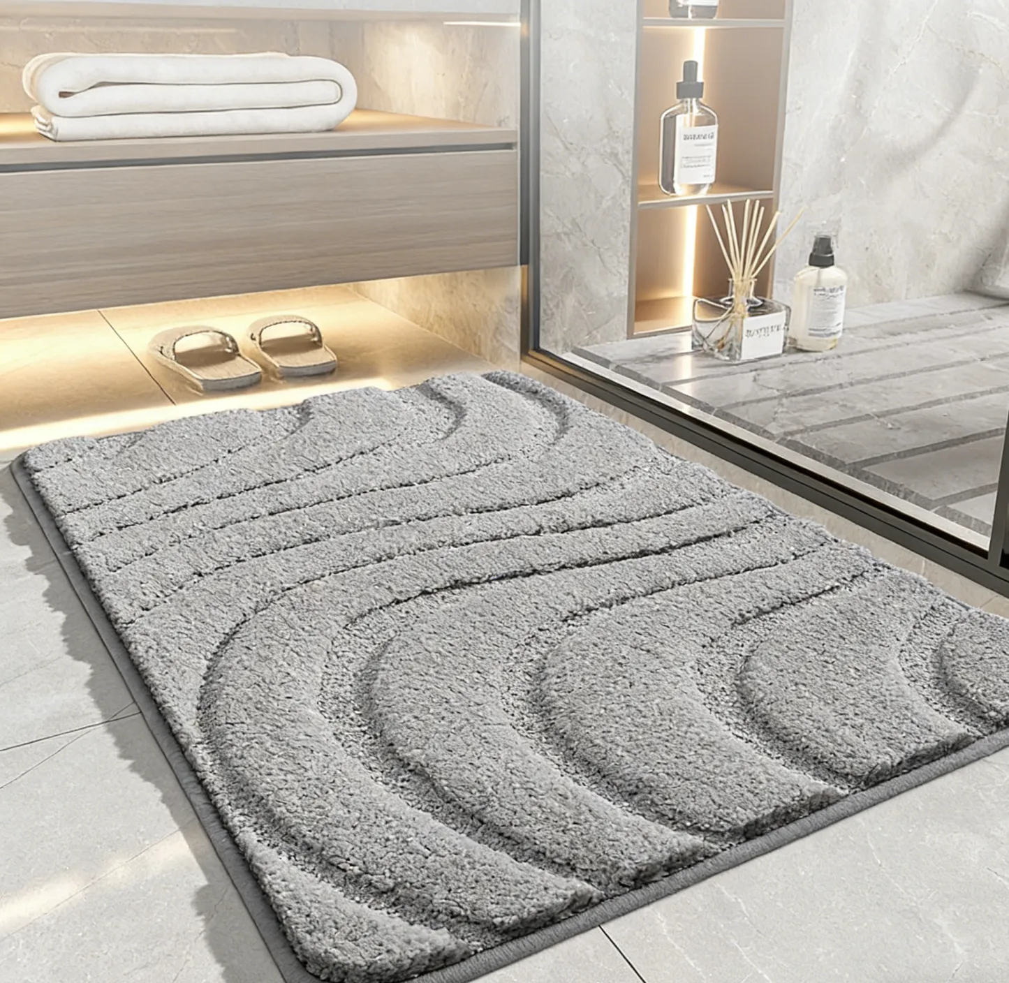 Wave Pattern Absorbent Bathroom Flocked Rug