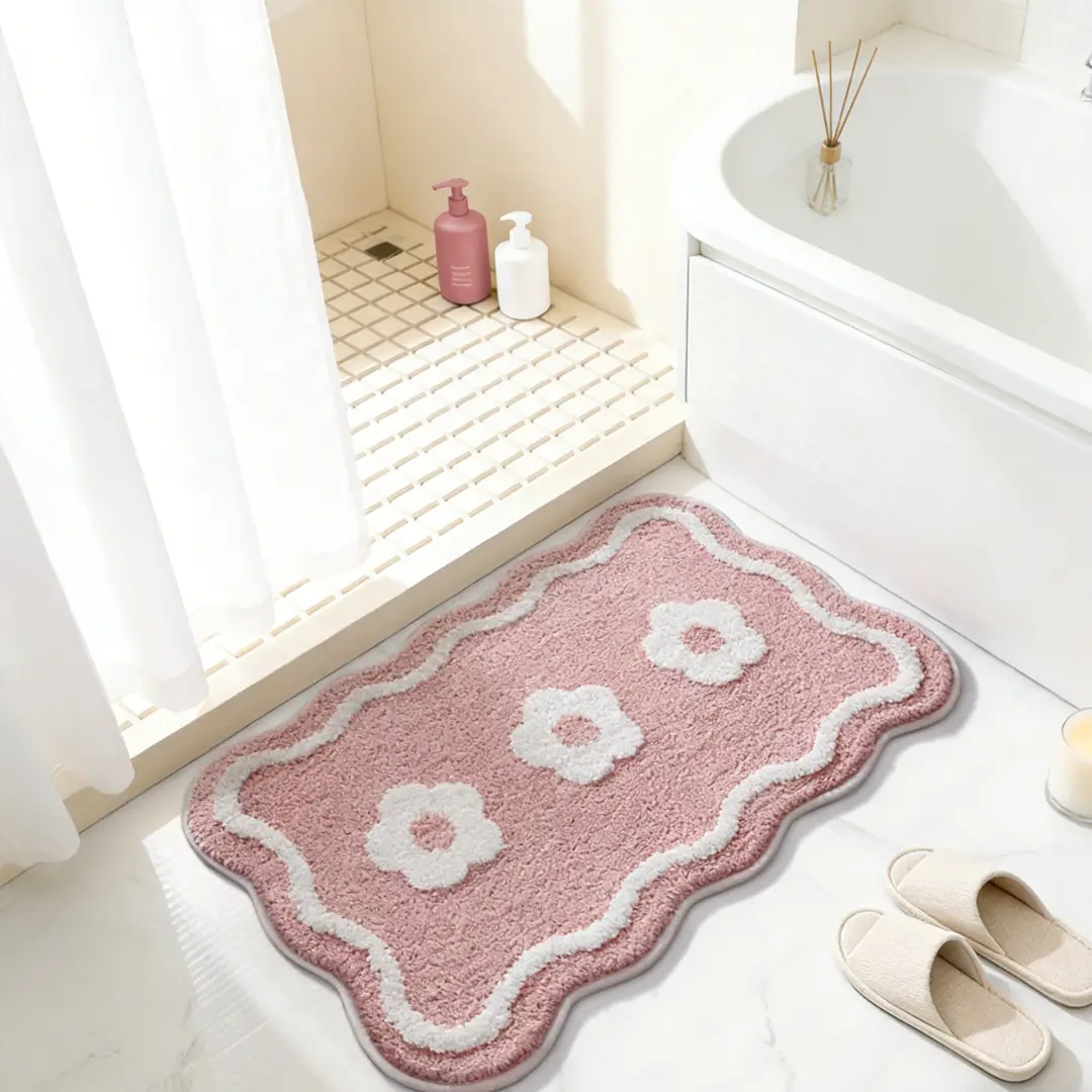 Pink Floral Bathroom Flocked Rug