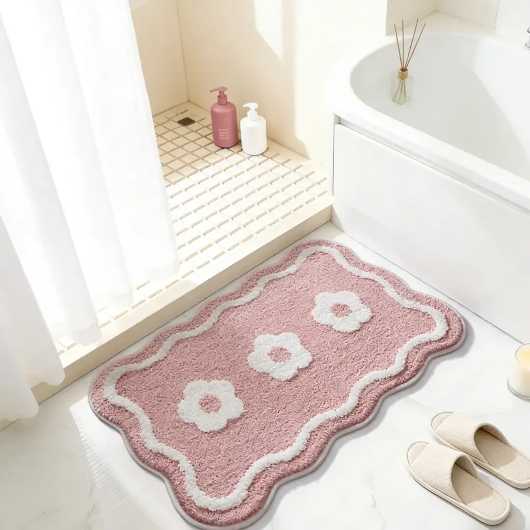 Pink Floral Bathroom Flocked Rug