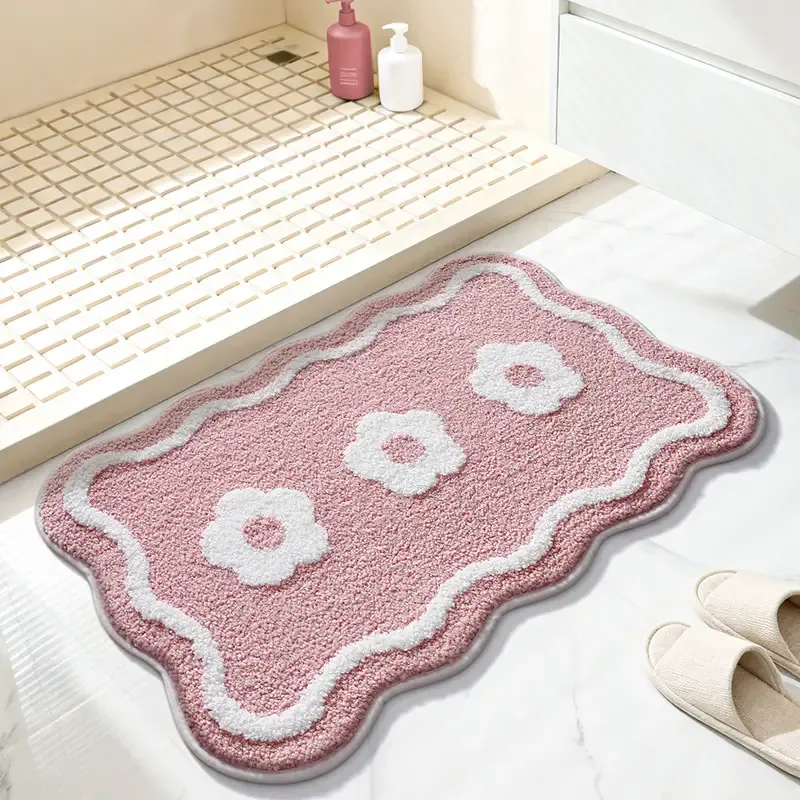 Pink Floral Bathroom Flocked Rug