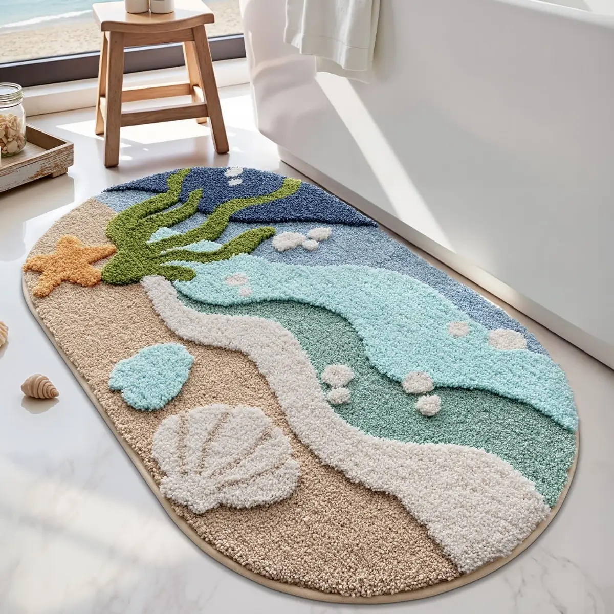 Coastal Seascape Flocked Rug